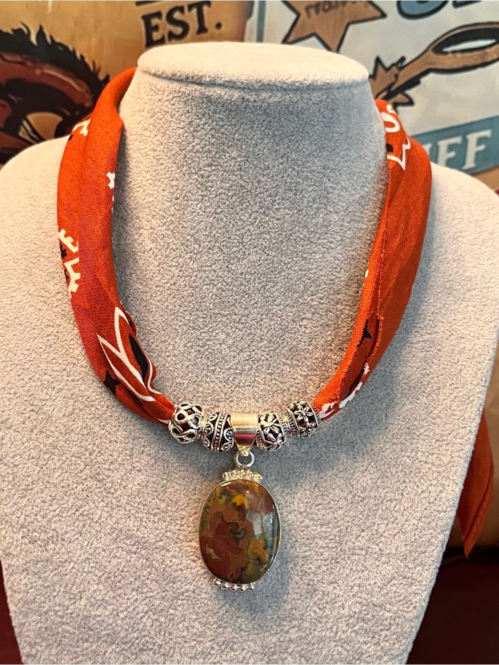 Handcrafted Boho Cinnamon Bandana Necklace with a Beautiful Picture Jasper Stone